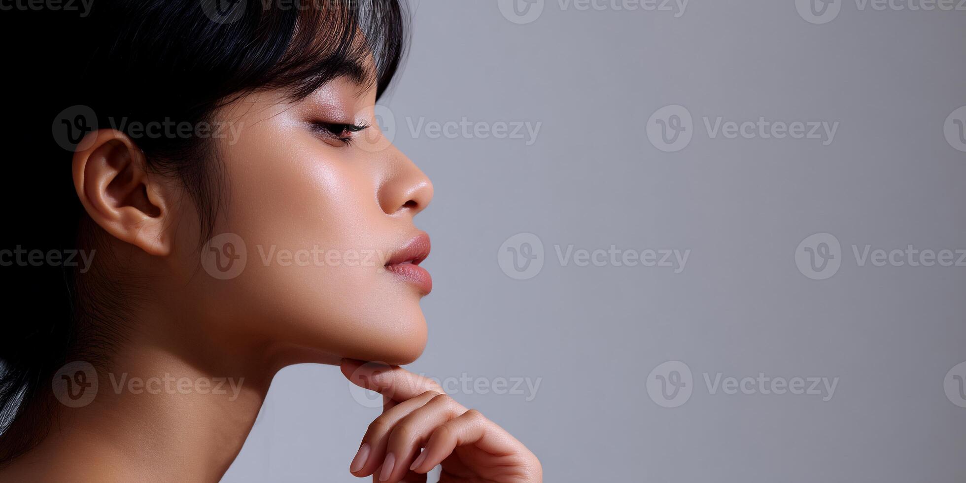 Close-up profile of a woman with healthy skin and a thoughtful expression photo