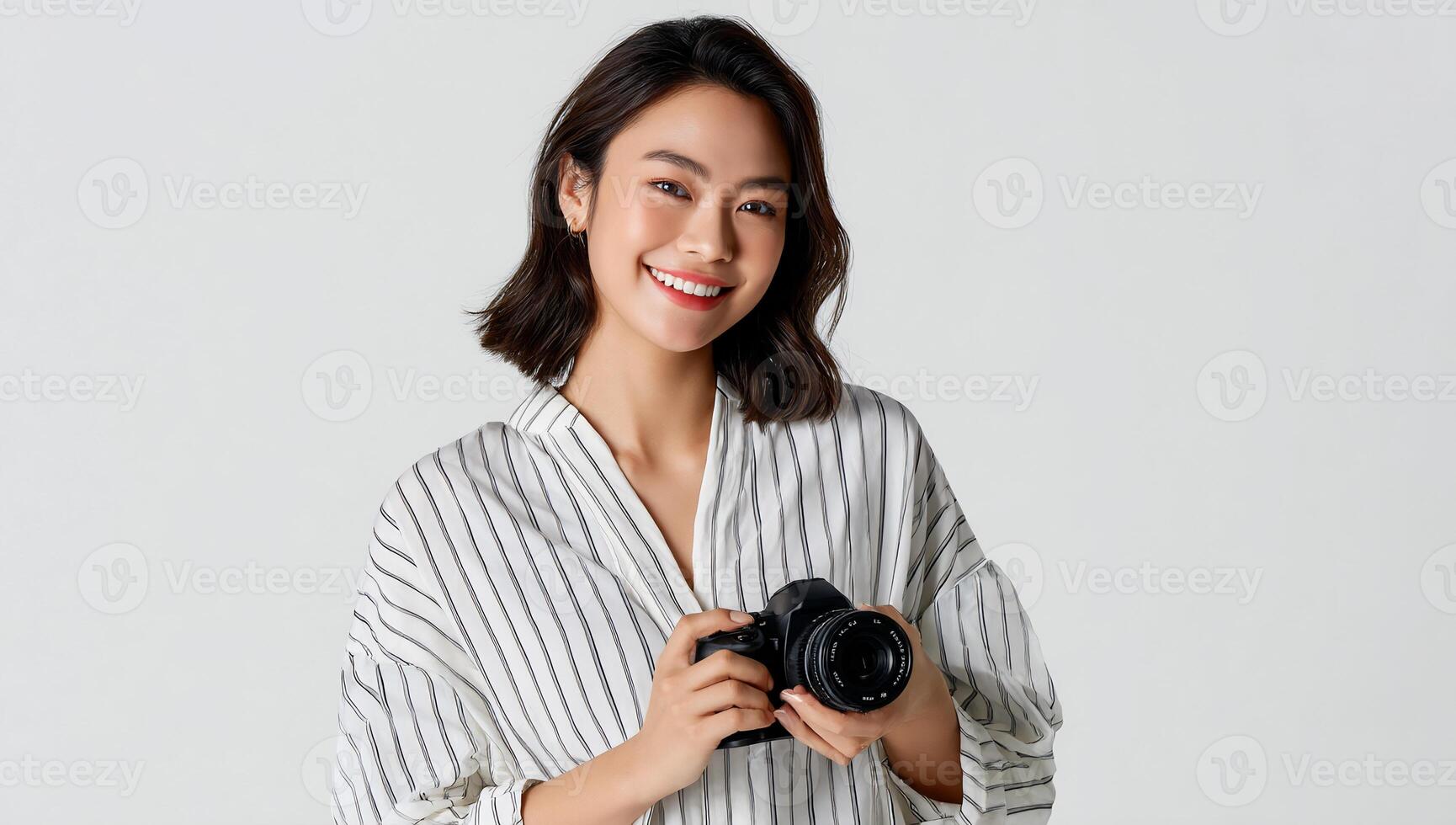 Young woman smiling, holding a camera photo