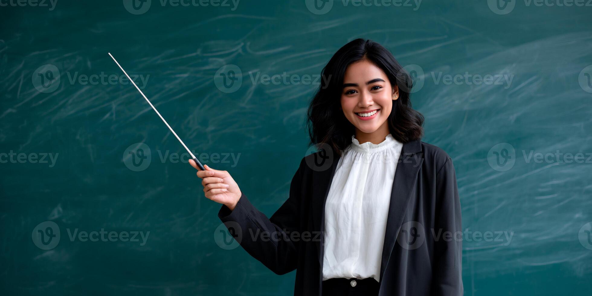 Woman teacher pointing at chalkboard photo