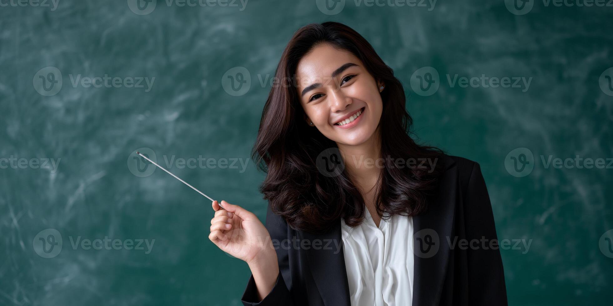 Woman teacher smiling and pointing photo