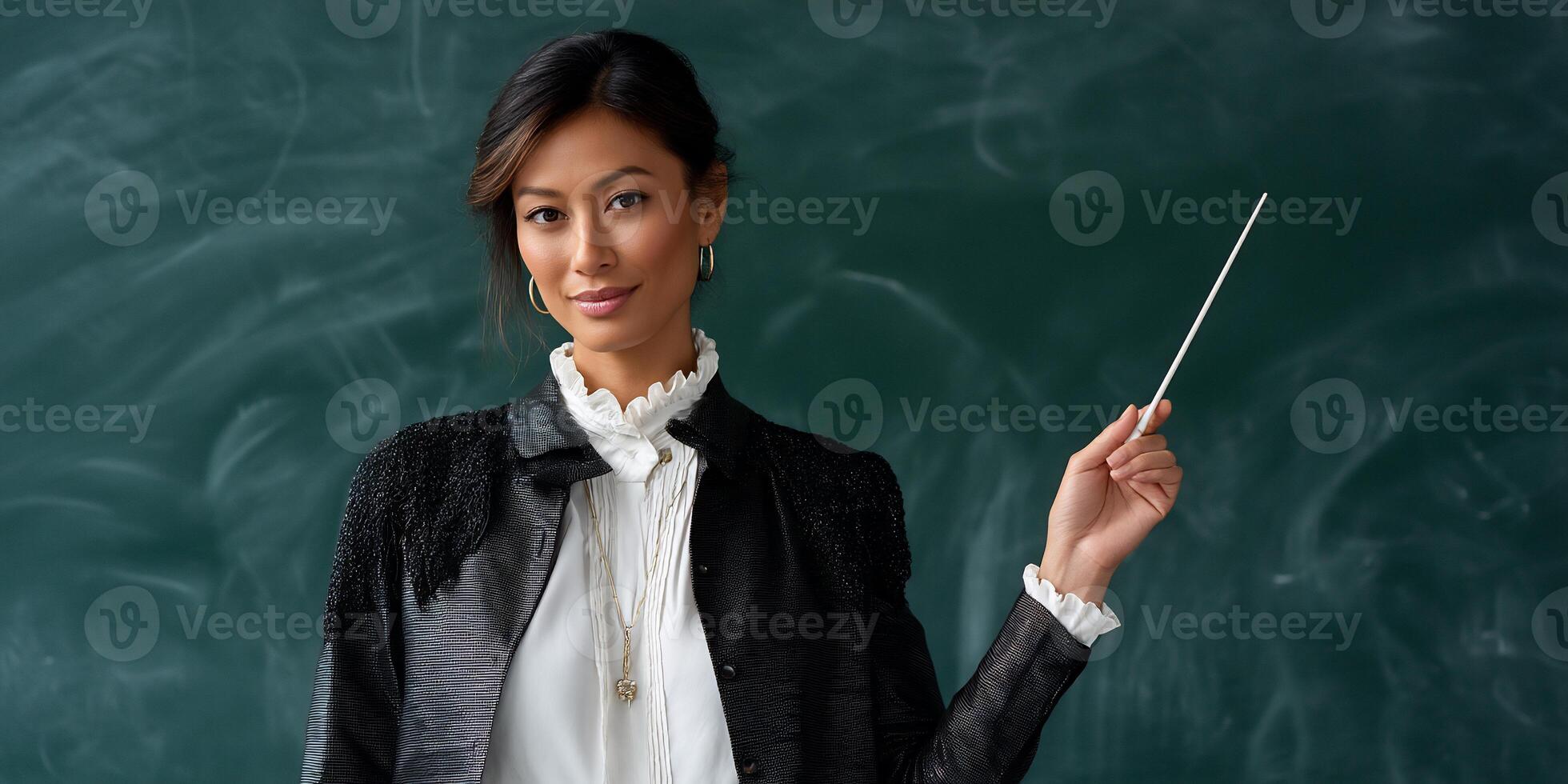 Woman teacher in front of chalkboard, pointing with pointer photo