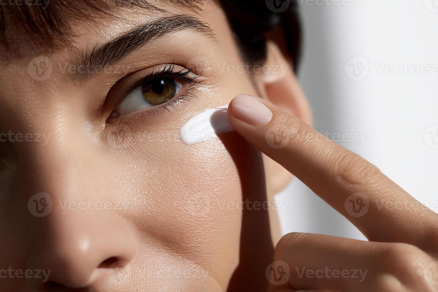 Close-up of a woman applying facial cream to her cheek photo