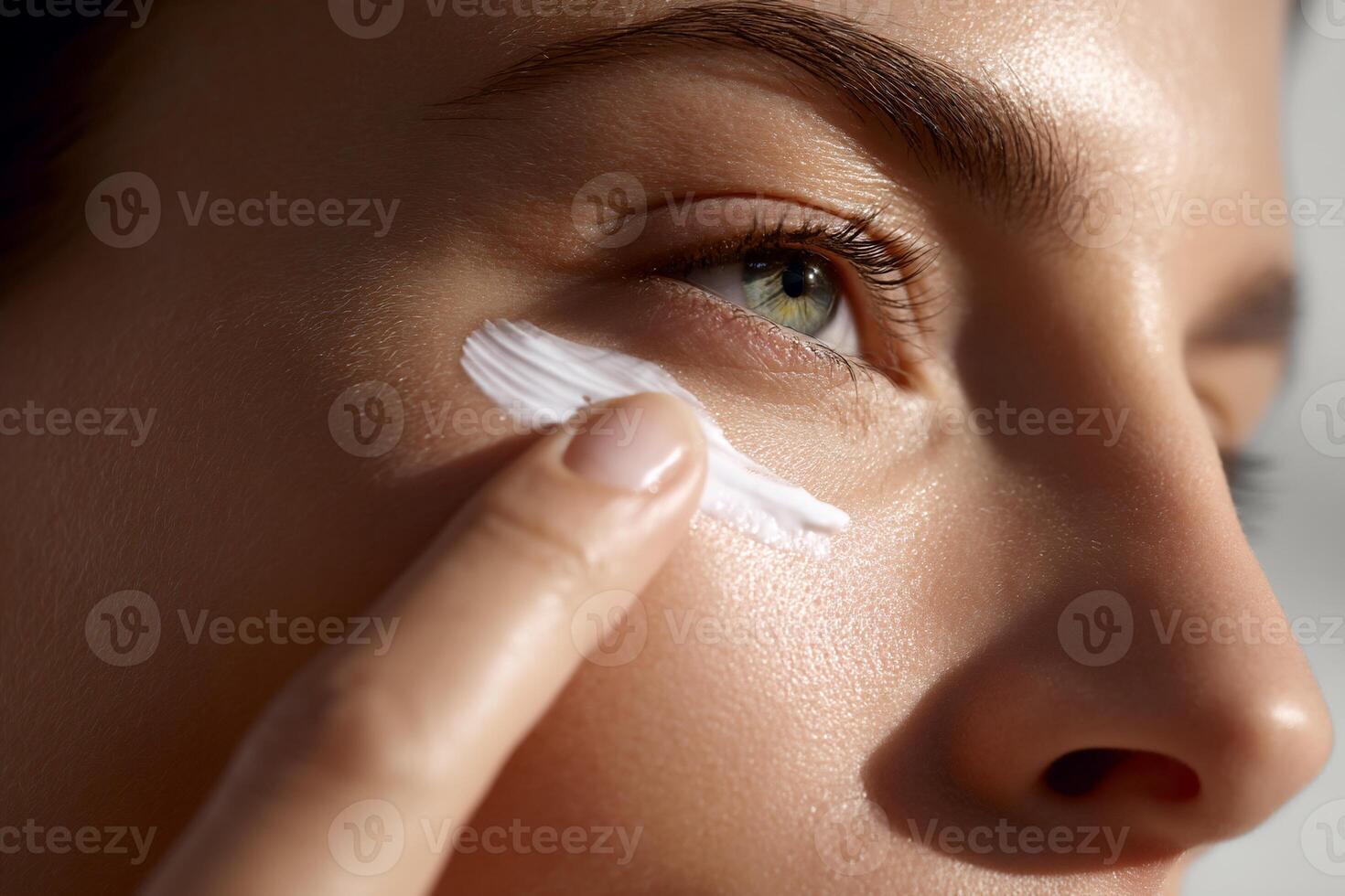 A woman applying eye cream to her eye photo