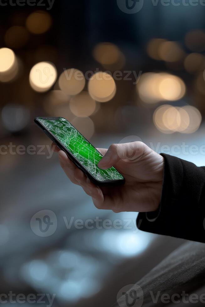 A person holding a smartphone with a green screen on the screen photo