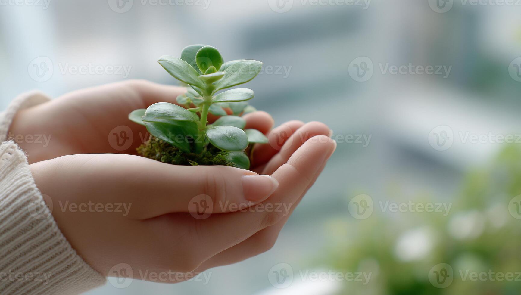 Small plant held gently in cupped hands photo