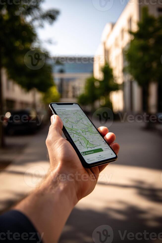 Close-up of hand holding smartphone displaying map. Cityscape in background. Daylight photo