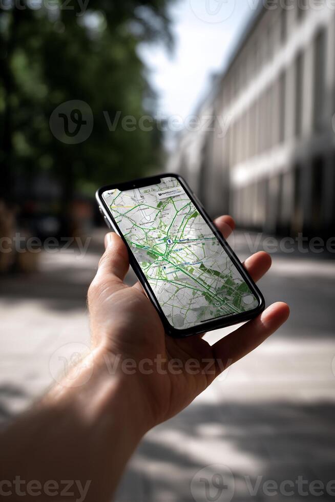 Close-up of hand holding a smartphone with map app photo