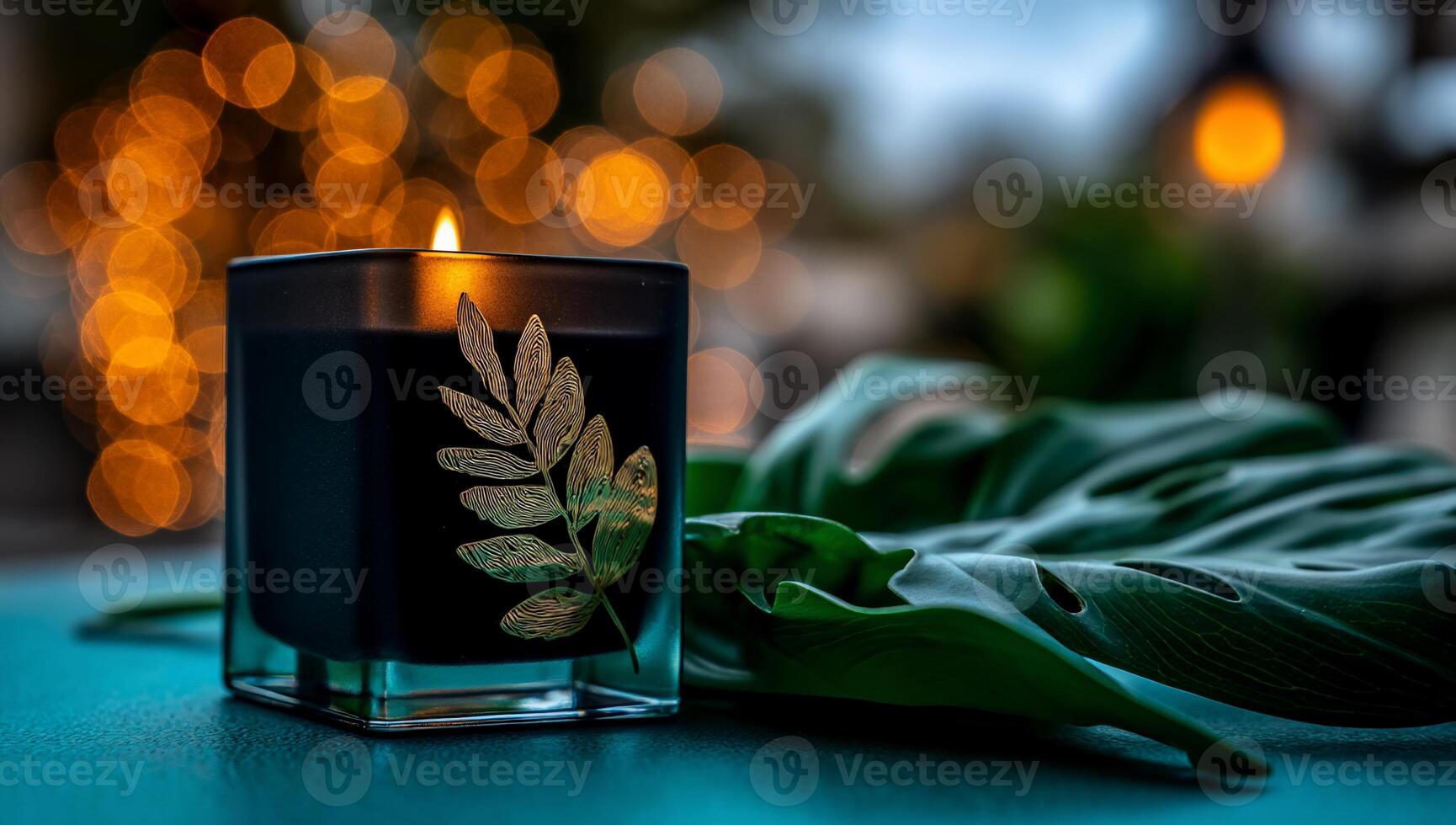 Black candle with gold leaf, tropical leaf backdrop photo