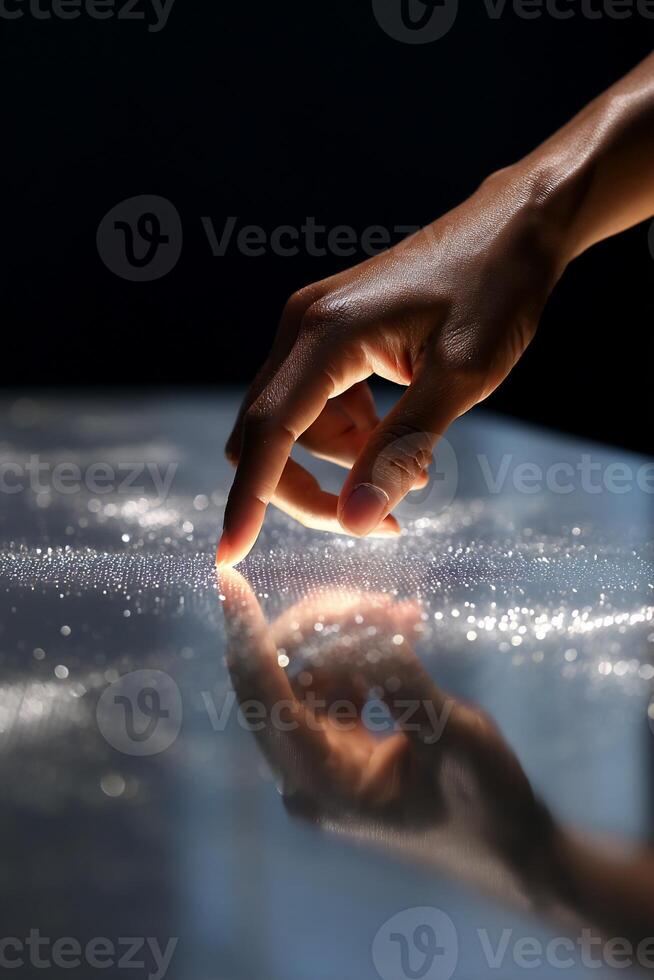 A person touching a table with a sparkly surface photo