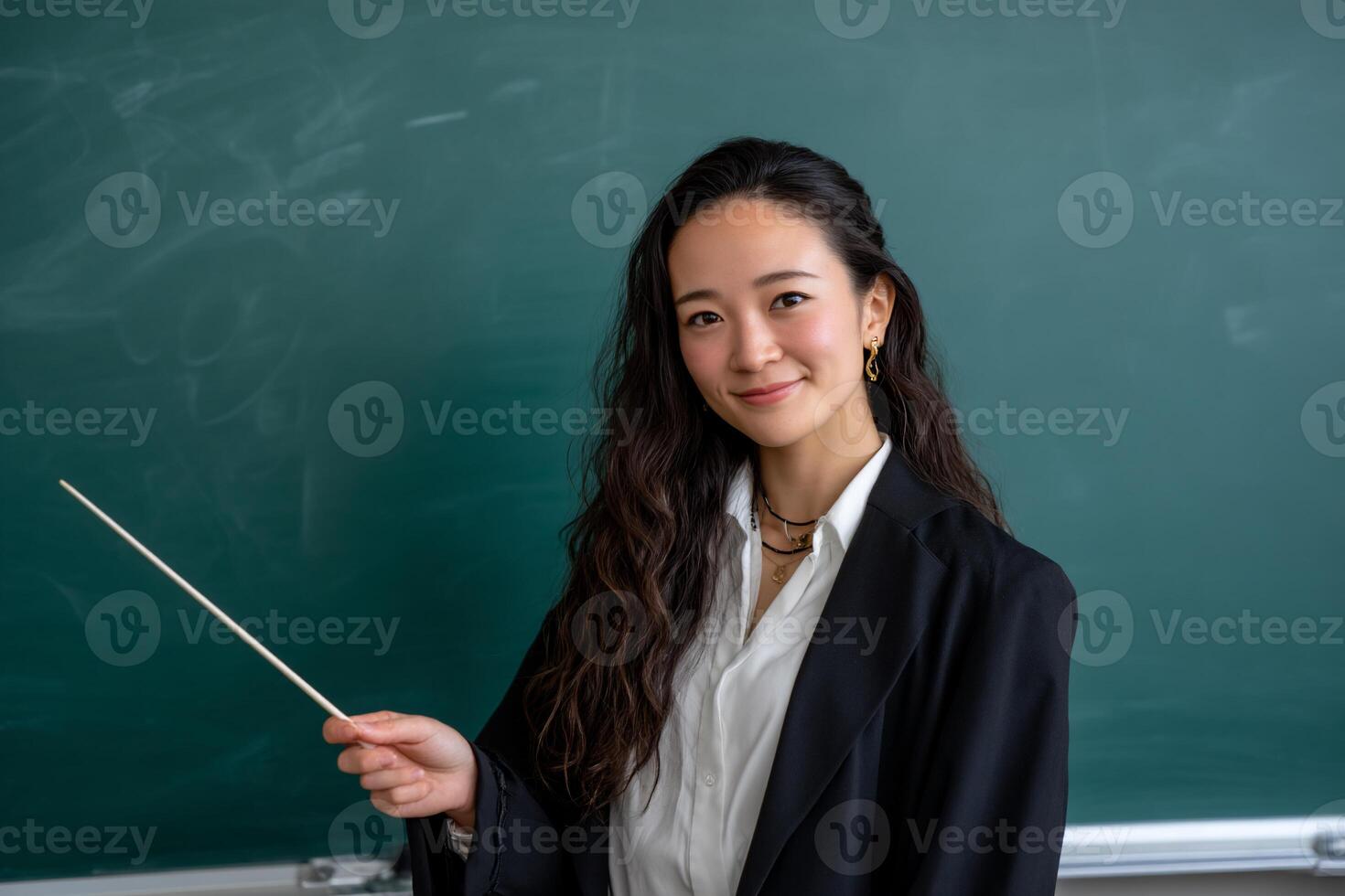 Asian teacher holding a pointer in front of a blackboard photo