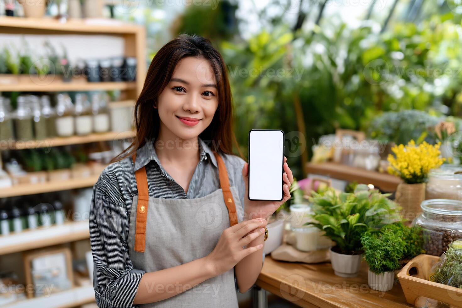 A woman holding up a smartphone in a flower shop photo
