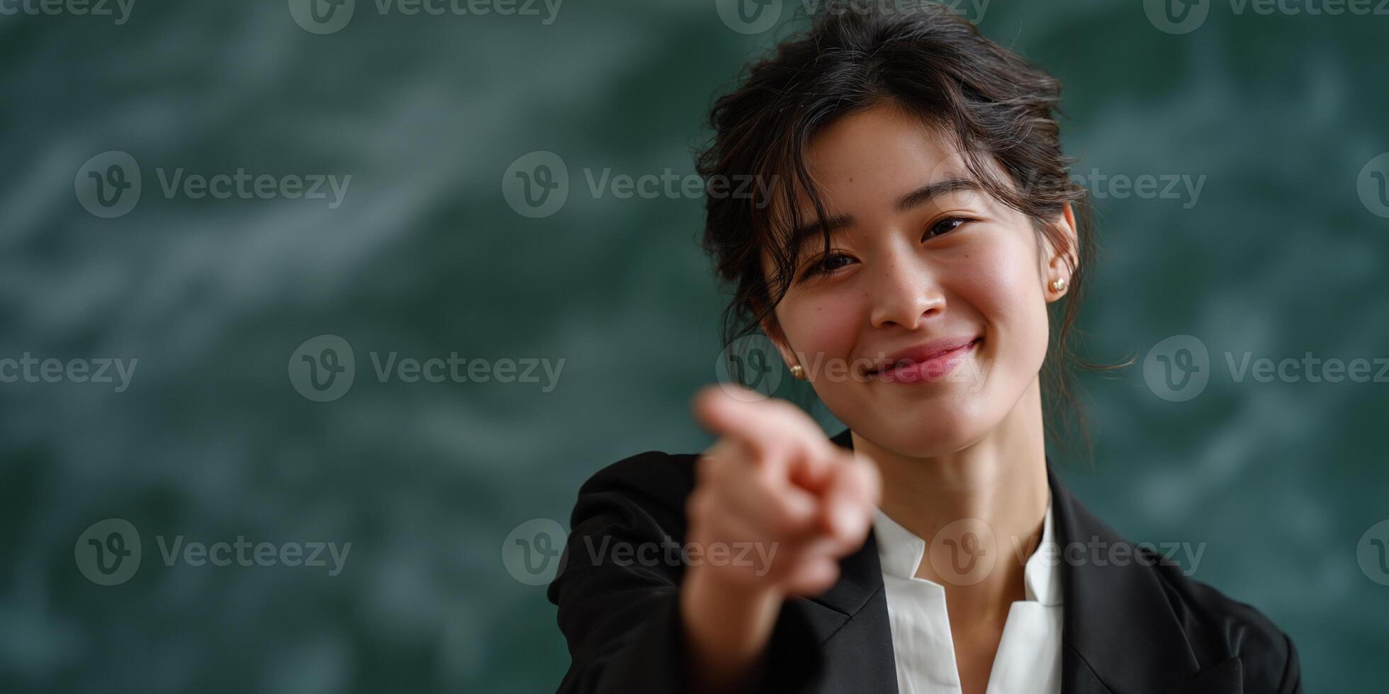 Woman pointing, smiling, and looking directly at viewer photo