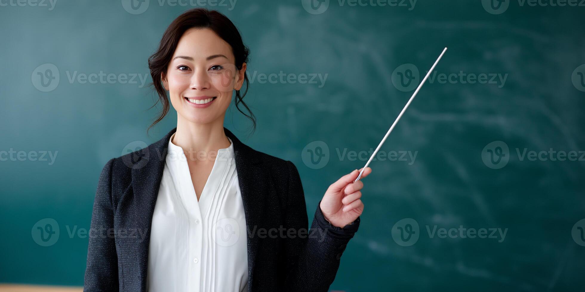 A woman in a business suit holding a pointer photo