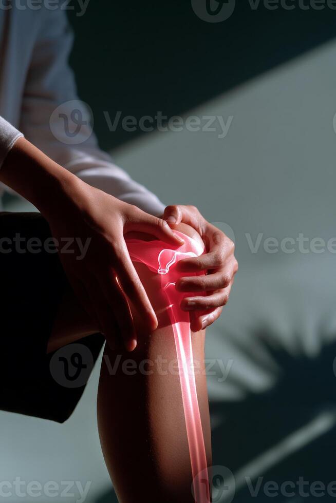 Person holding painful knee. Highlighted bones and joint photo