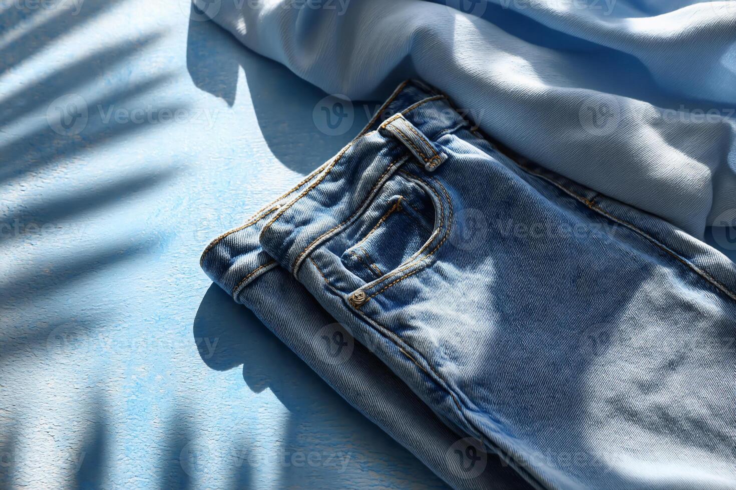 Light-blue jeans and a light-blue shirt, laid flat on a light-blue surface with palm shadows photo