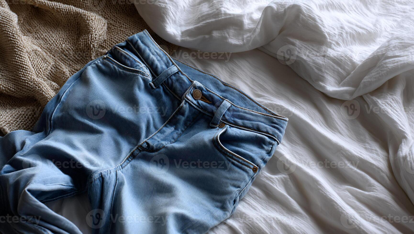 Light wash denim jeans on a bed with a tan knit sweater photo