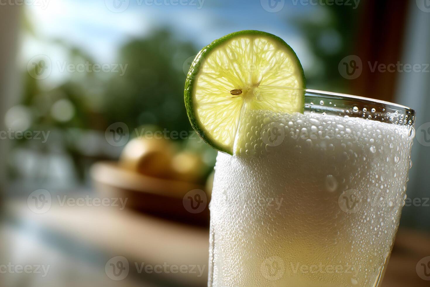 Refreshing lime beverage in a glass, frothy top photo