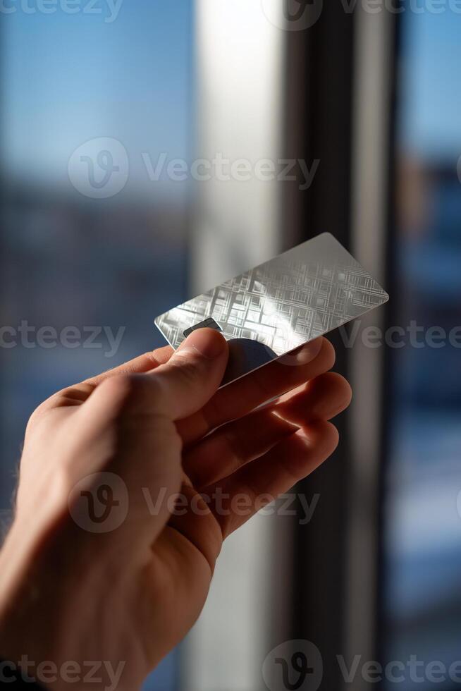 Close-up of a hand holding a rectangular, metallic card. Blurred window background photo