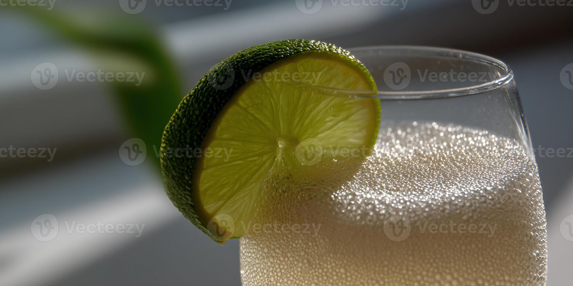 Sparkling drink with lime slice photo