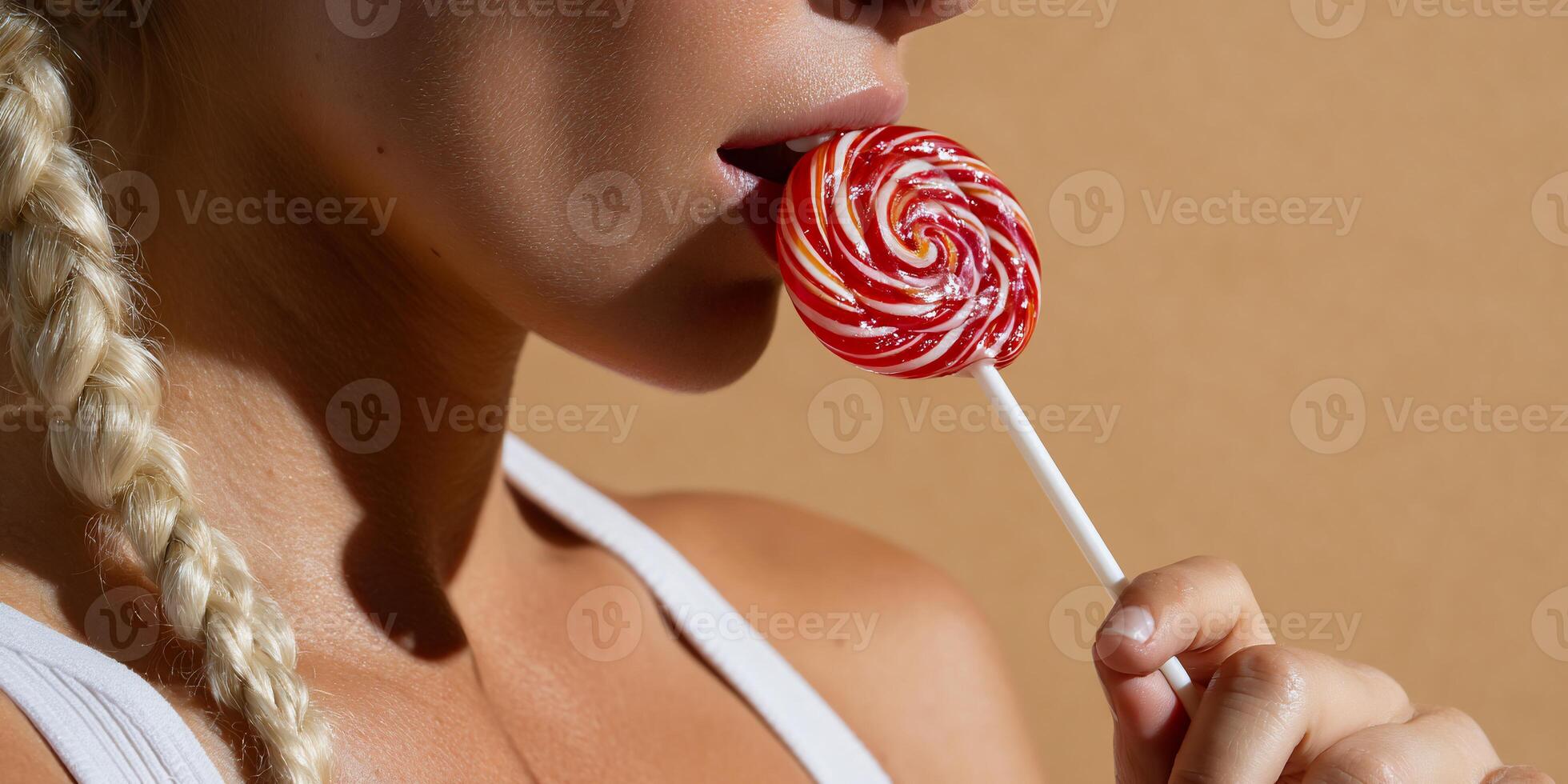 A woman with long braids is eating a lollipop photo