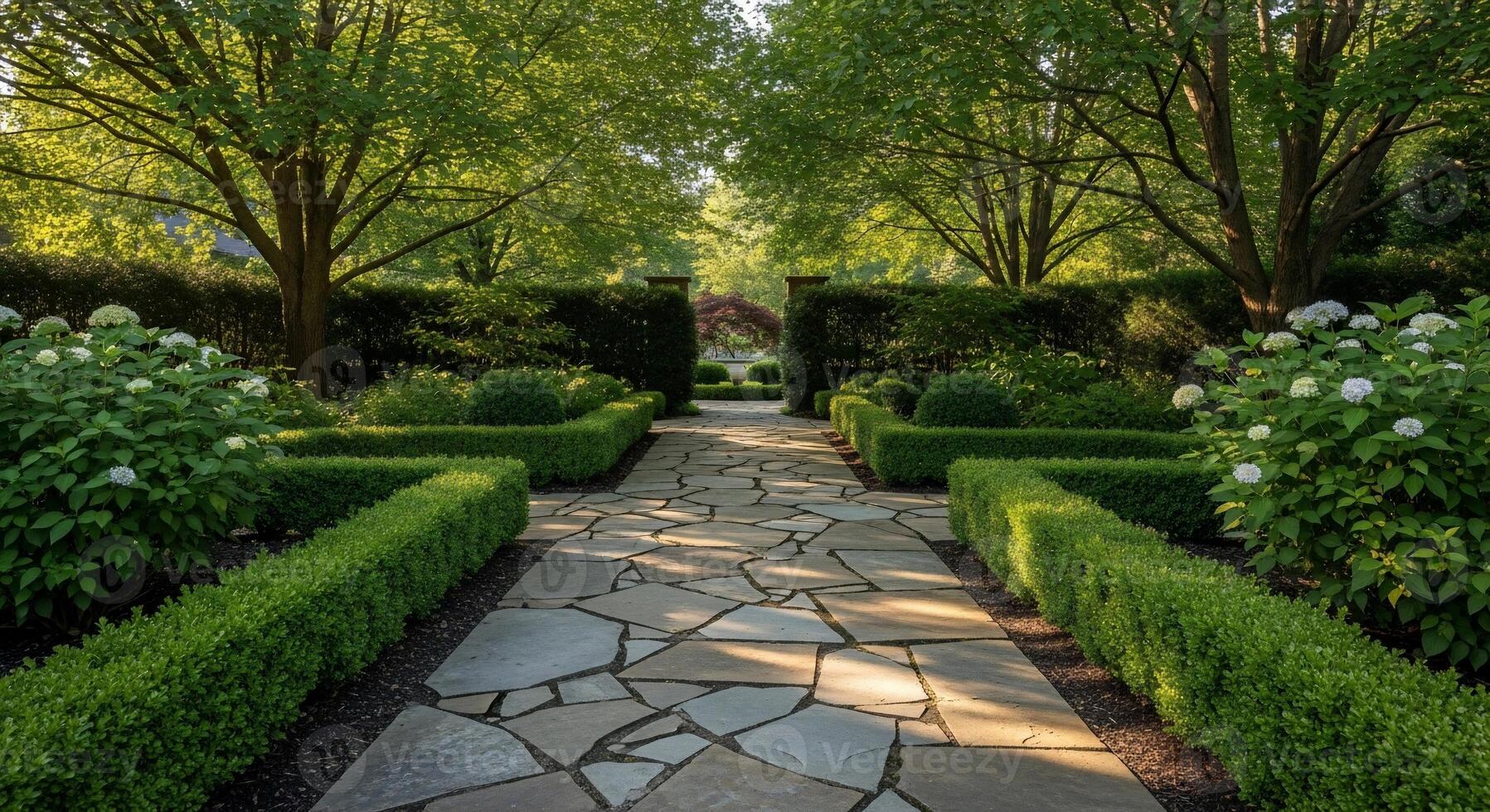 A stone path leads to a garden with hedges and trees photo