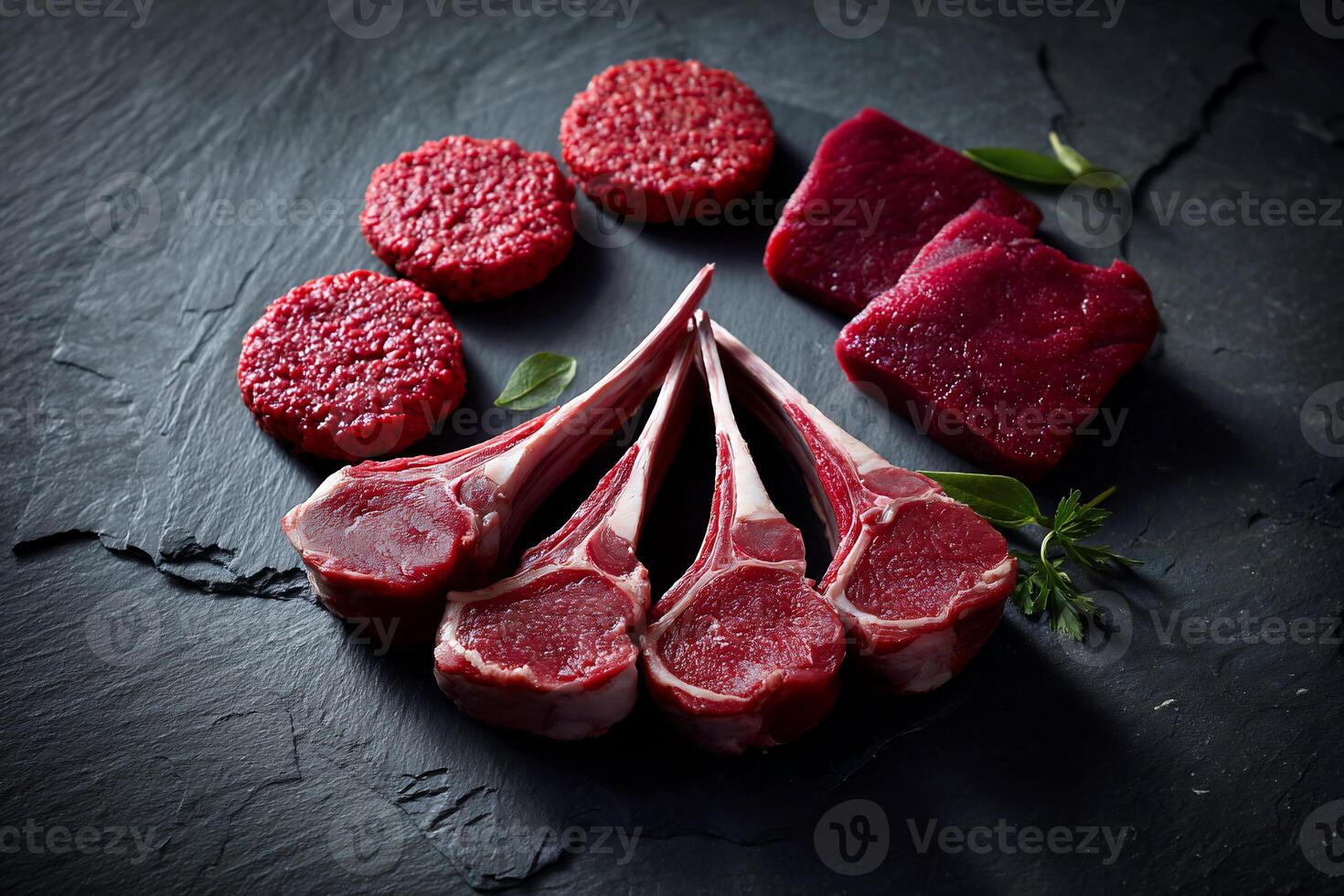 Raw Lamb Chops, Ground Meat Patties, and Steak Cuts on Dark Slate Surface photo