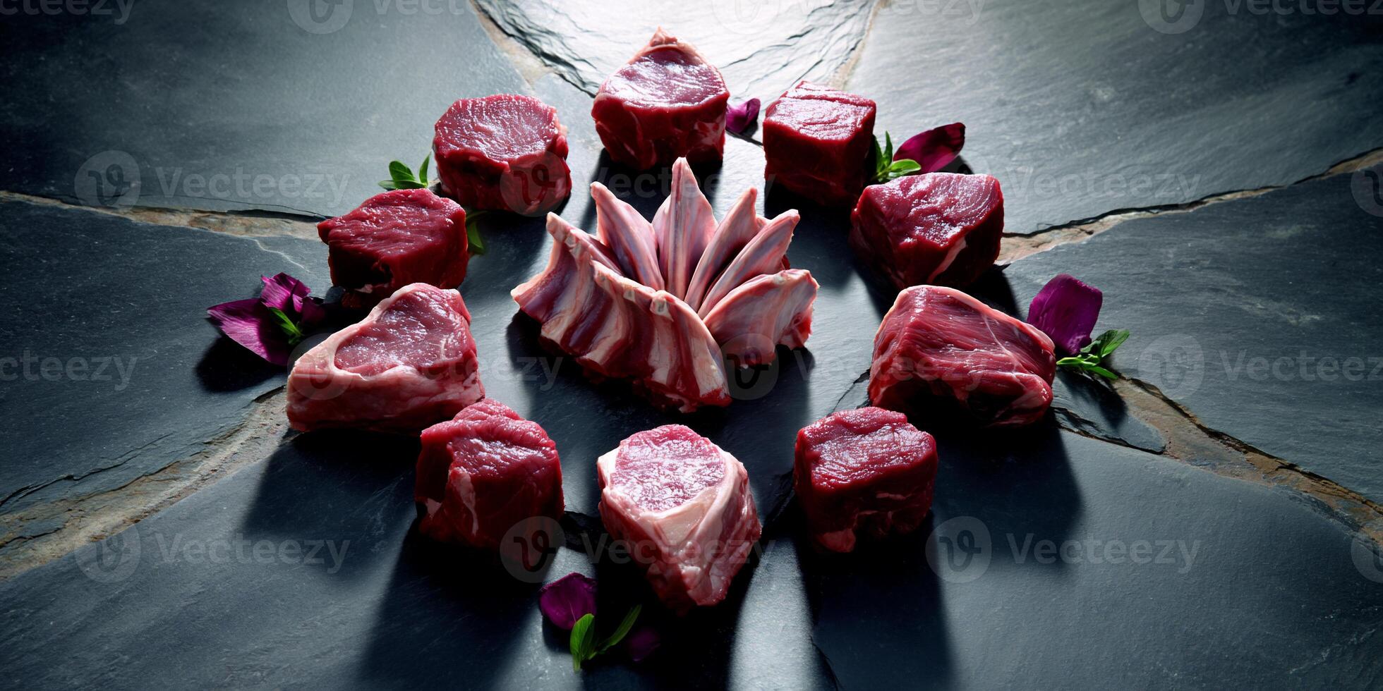 Raw lamb chops and cubed meat cuts arranged on a dark slate surface with floral accents photo
