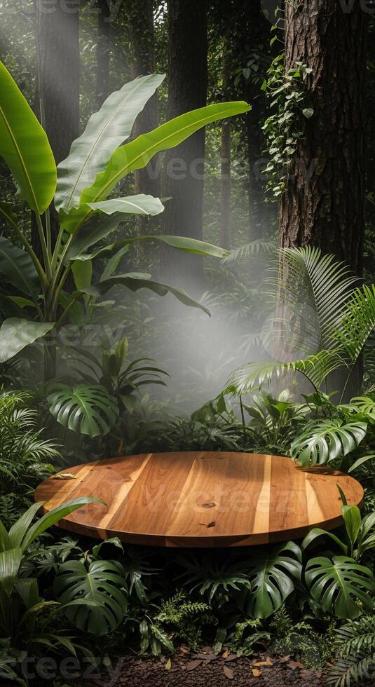 Wooden Platform Amidst Lush Tropical Foliage and Misty Forest Backdrop photo