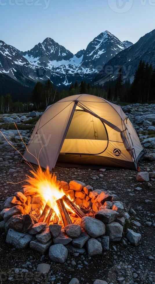 A tent is set up in front of a campfire photo