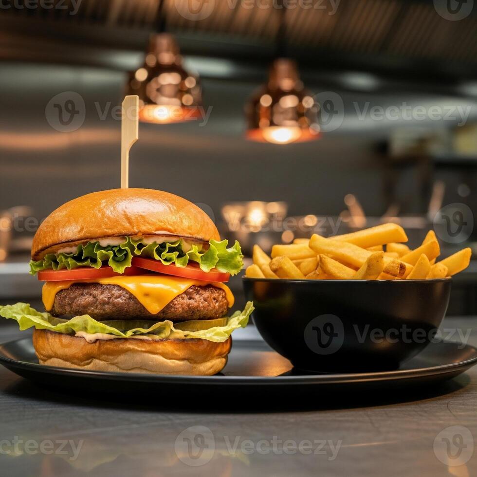 Juicy Cheeseburger with Golden Fries in a Dimly Lit Kitchen photo