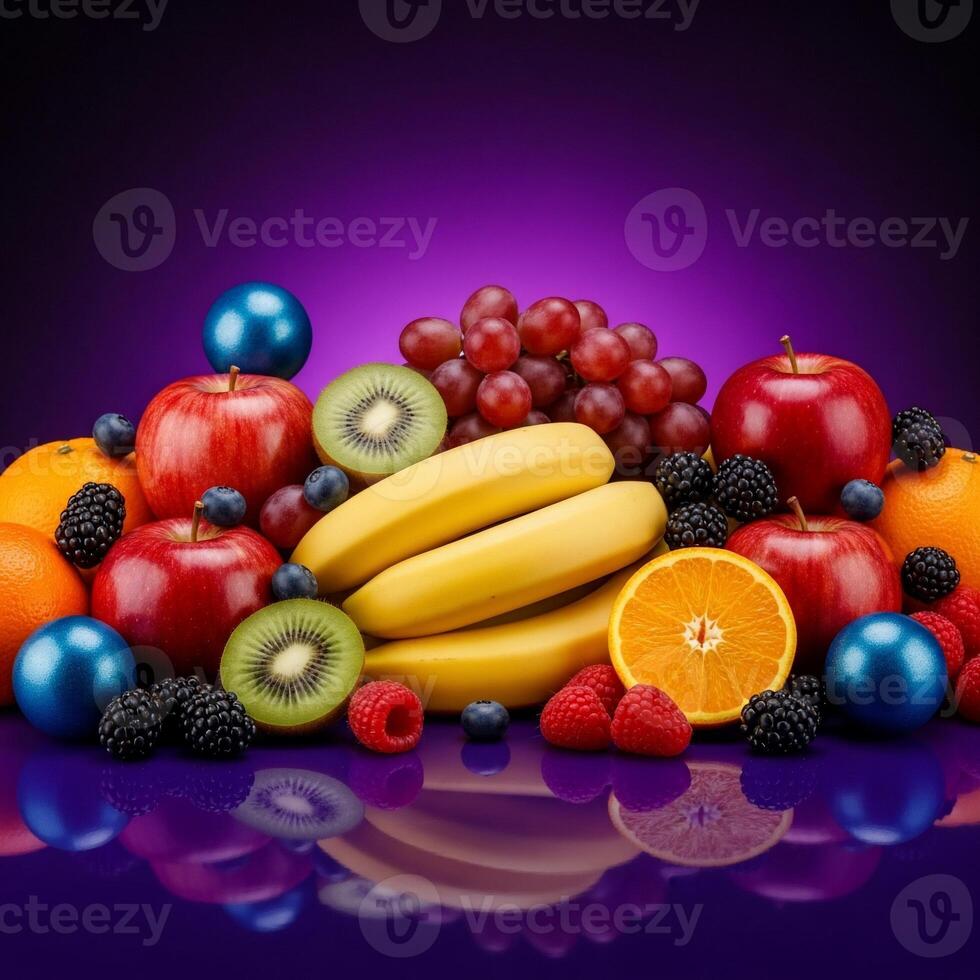 Vibrant Fruit Arrangement with Reflection, Blue Spheres, and Purple Gradient Background photo
