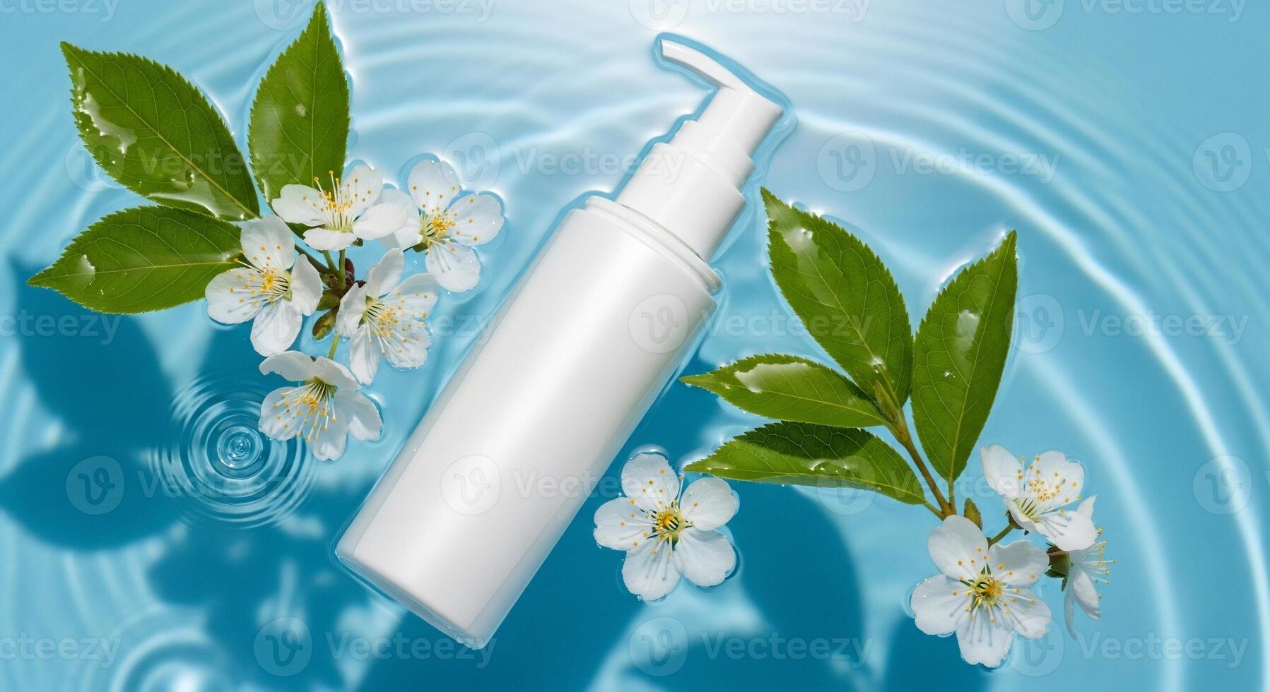 Delicate White Lotion Bottle Floating on Water with Blossoms and Leaves photo