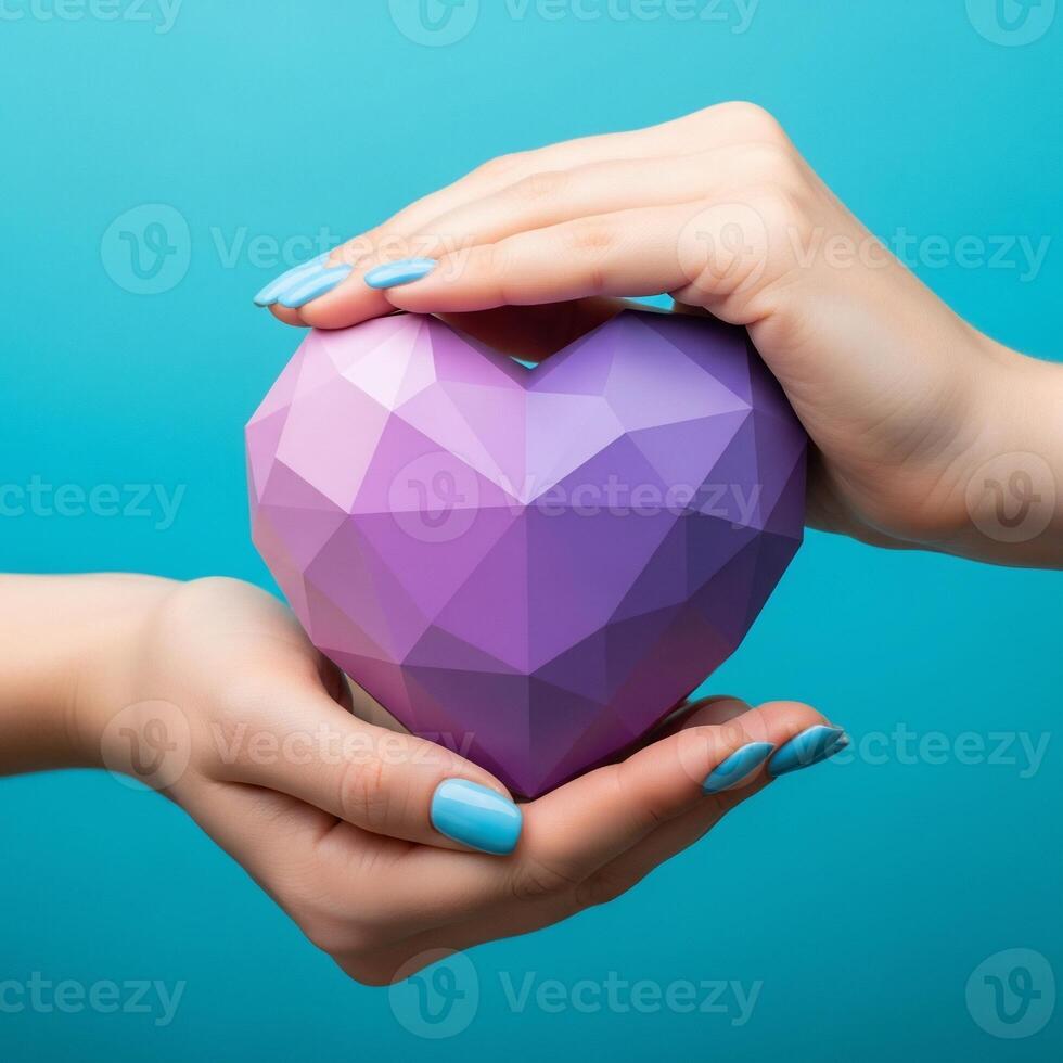 Gentle Hands Protecting a Purple Geometric Heart photo