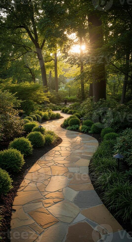 Serpentine Stone Path Through Lush Greenery Bathed in Golden Sunlight photo
