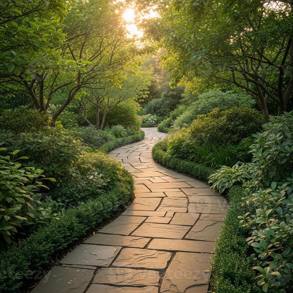 A stone path in a lush garden photo