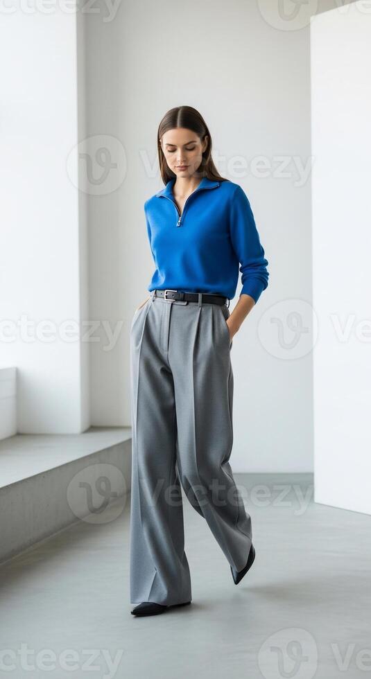 Woman in Blue Knit Top and Wide Leg Trousers photo