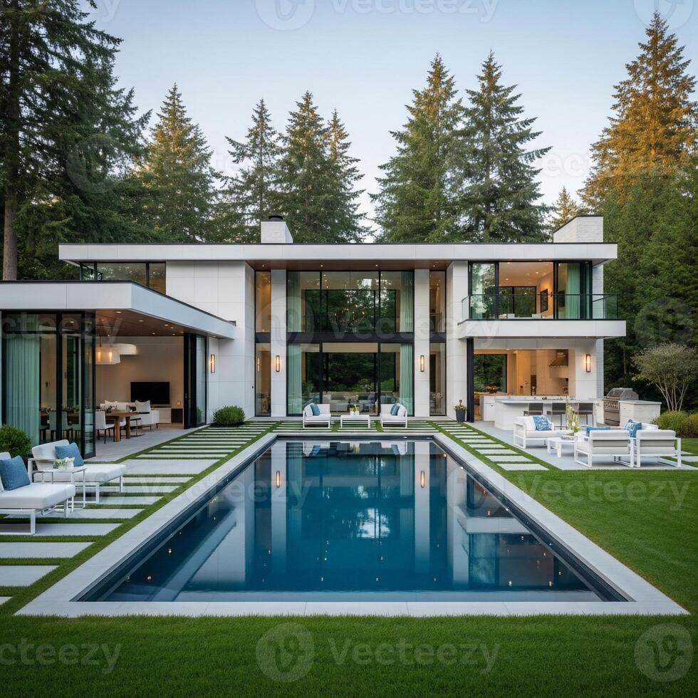 Modern House Exterior with Pool and Outdoor Living Area photo