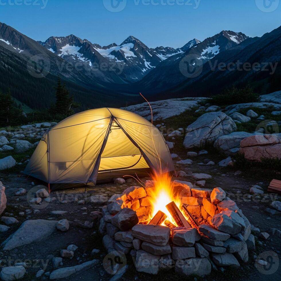 Mountain Camping at Dusk with Illuminated Tent and Campfire photo