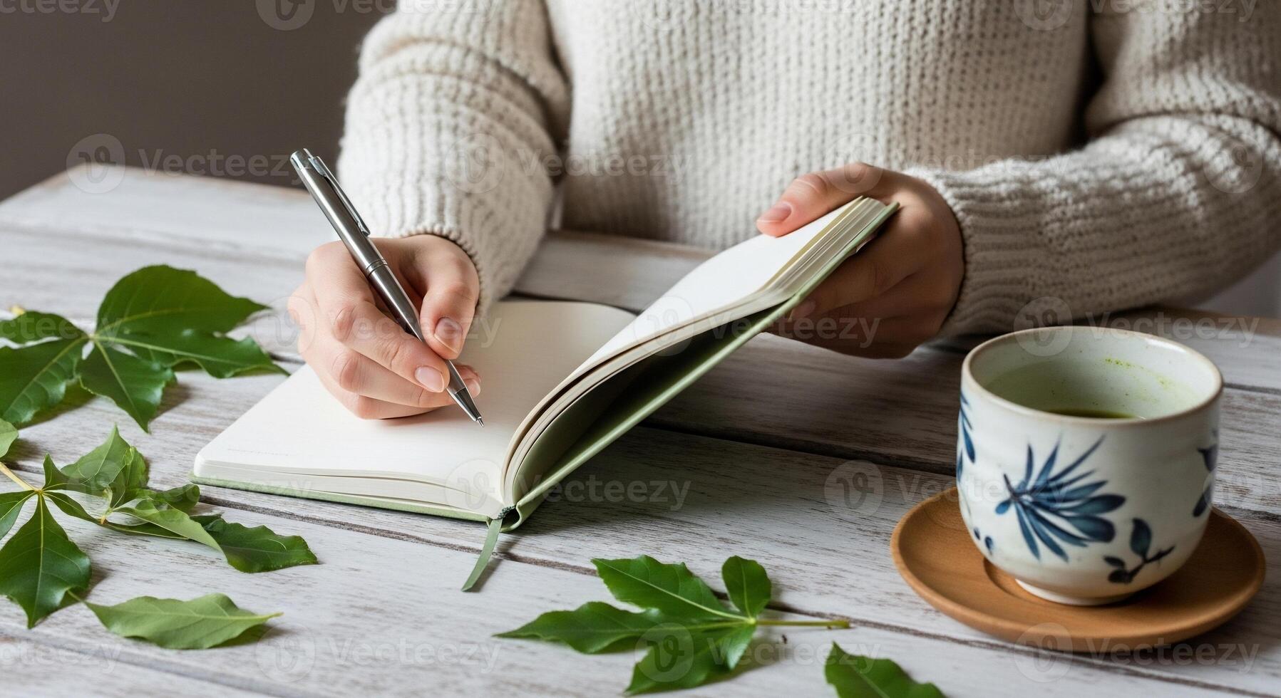 Woman writing in notebook with leaves on table photo