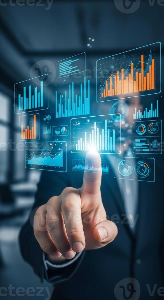 Businessman's finger interacting with holographic data charts, graphs, and financial analytics photo
