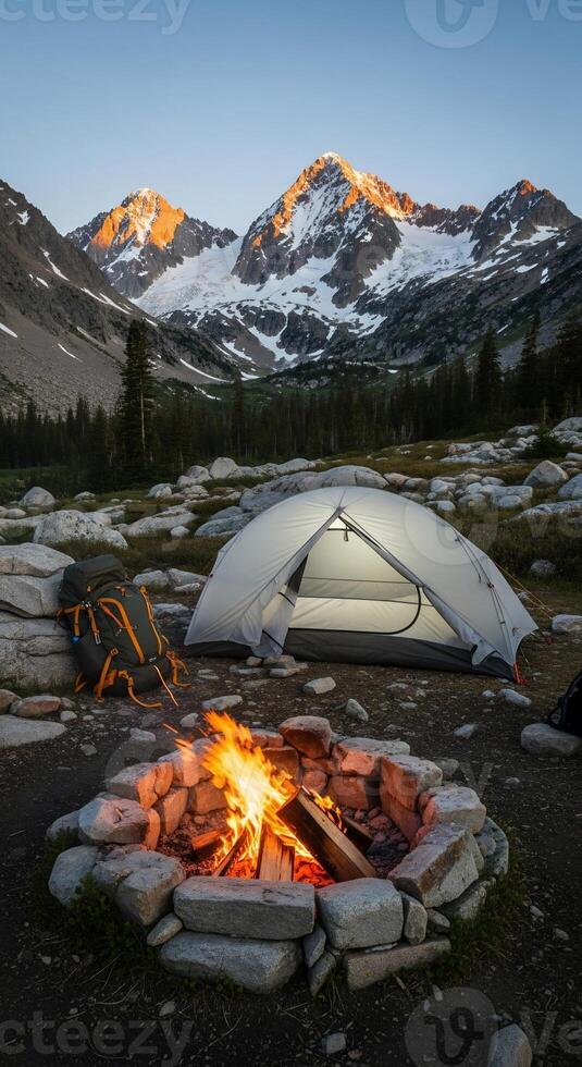 Campfire Glows Near Tent with Mountain Views at Dusk in the Wilderness photo