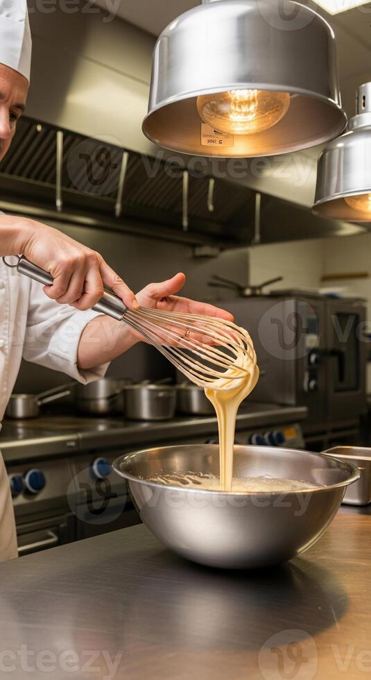 Chef whisking batter in a stainless steel bowl under warm industrial lighting photo