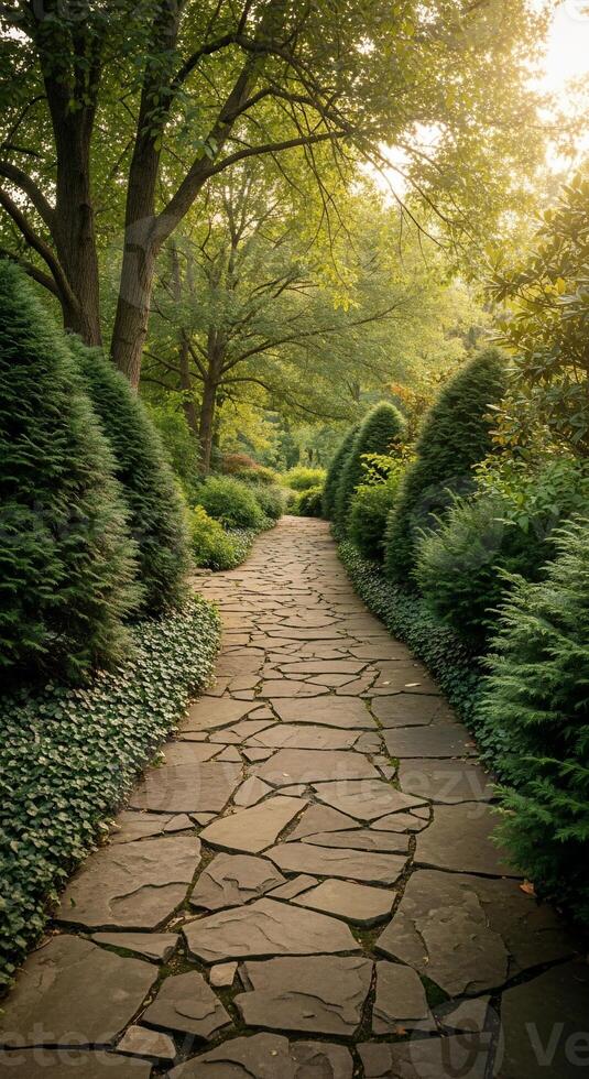 Sunlit Garden Path with Irregular Stone Paving and Lush Greenery photo