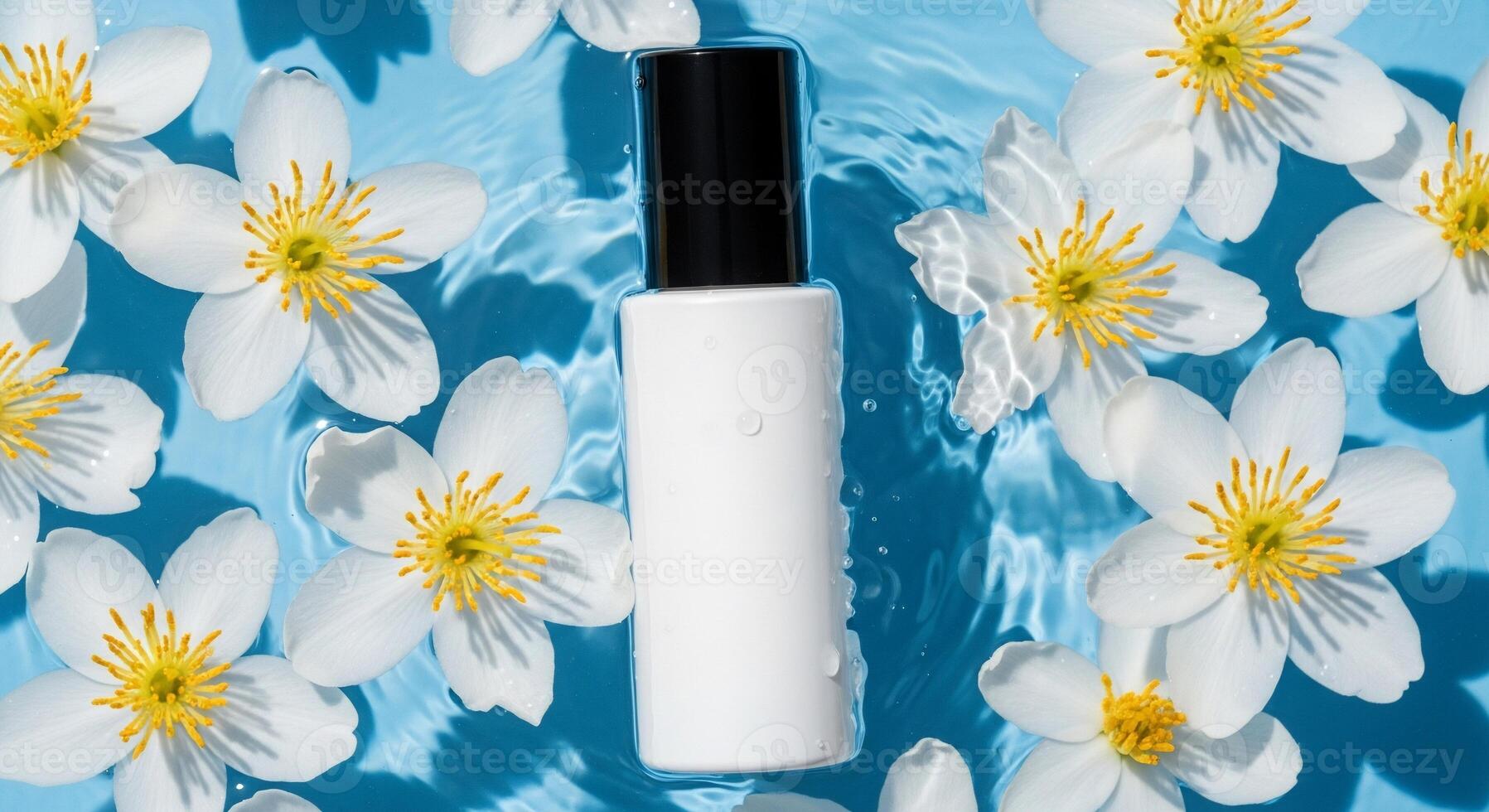 Cosmetic bottle surrounded by white flowers floating in clear blue water photo