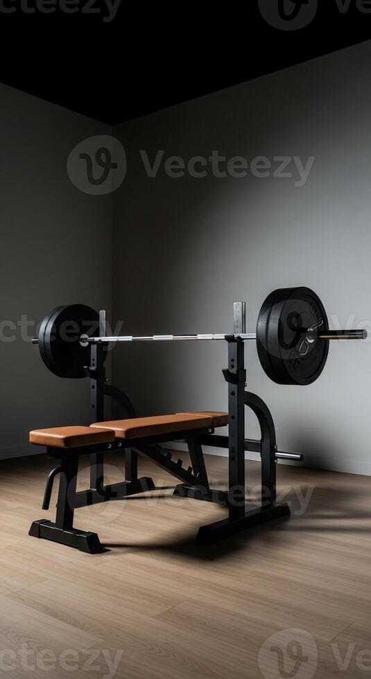 Weight Bench and Barbell in a Minimalist Gym Setting with Dramatic Lighting photo