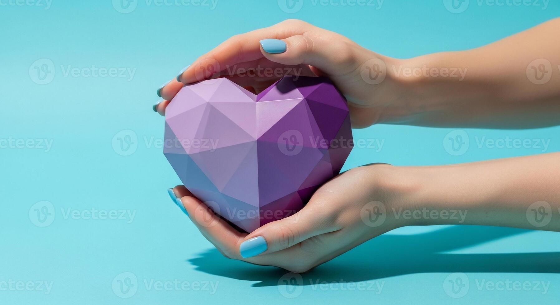 Faceted Purple Heart Held Gently by Hands with Light Blue Manicured Nails photo