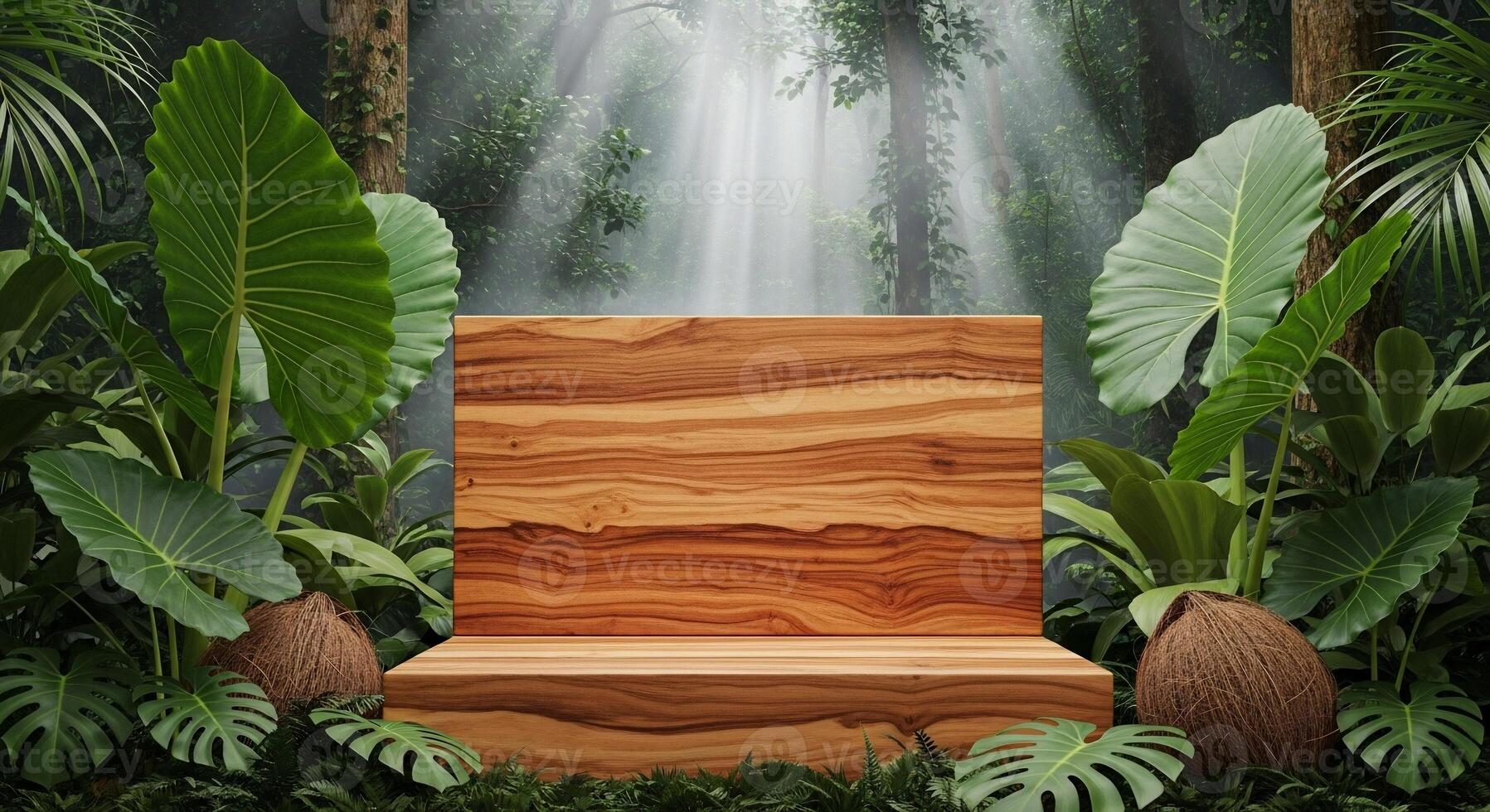 Wooden Platform Amidst Lush Tropical Foliage and Sunlit Forest Backdrop photo