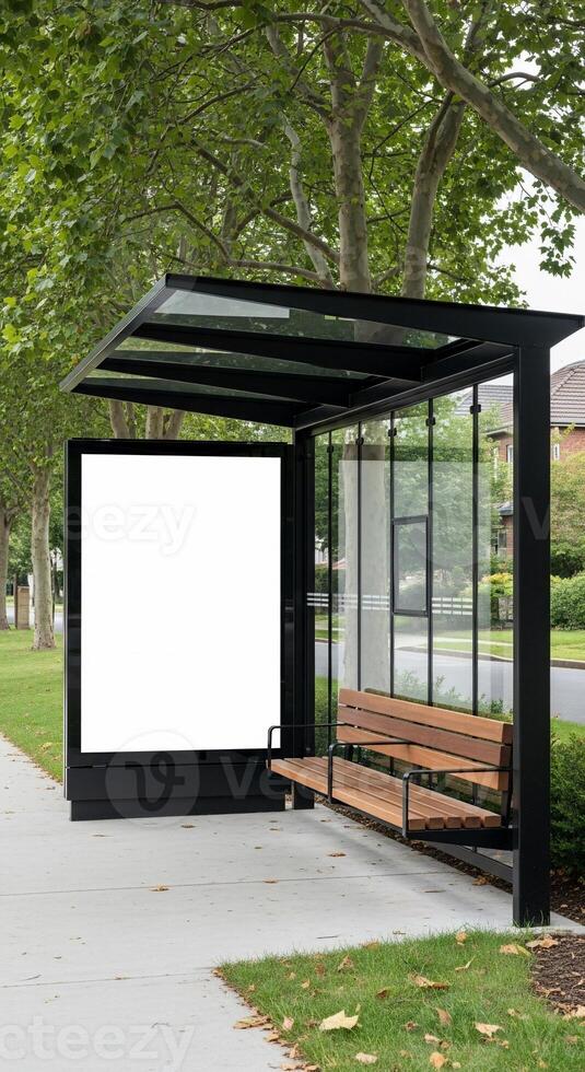 Modern Bus Shelter with Blank Advertising Space in Suburban Setting photo