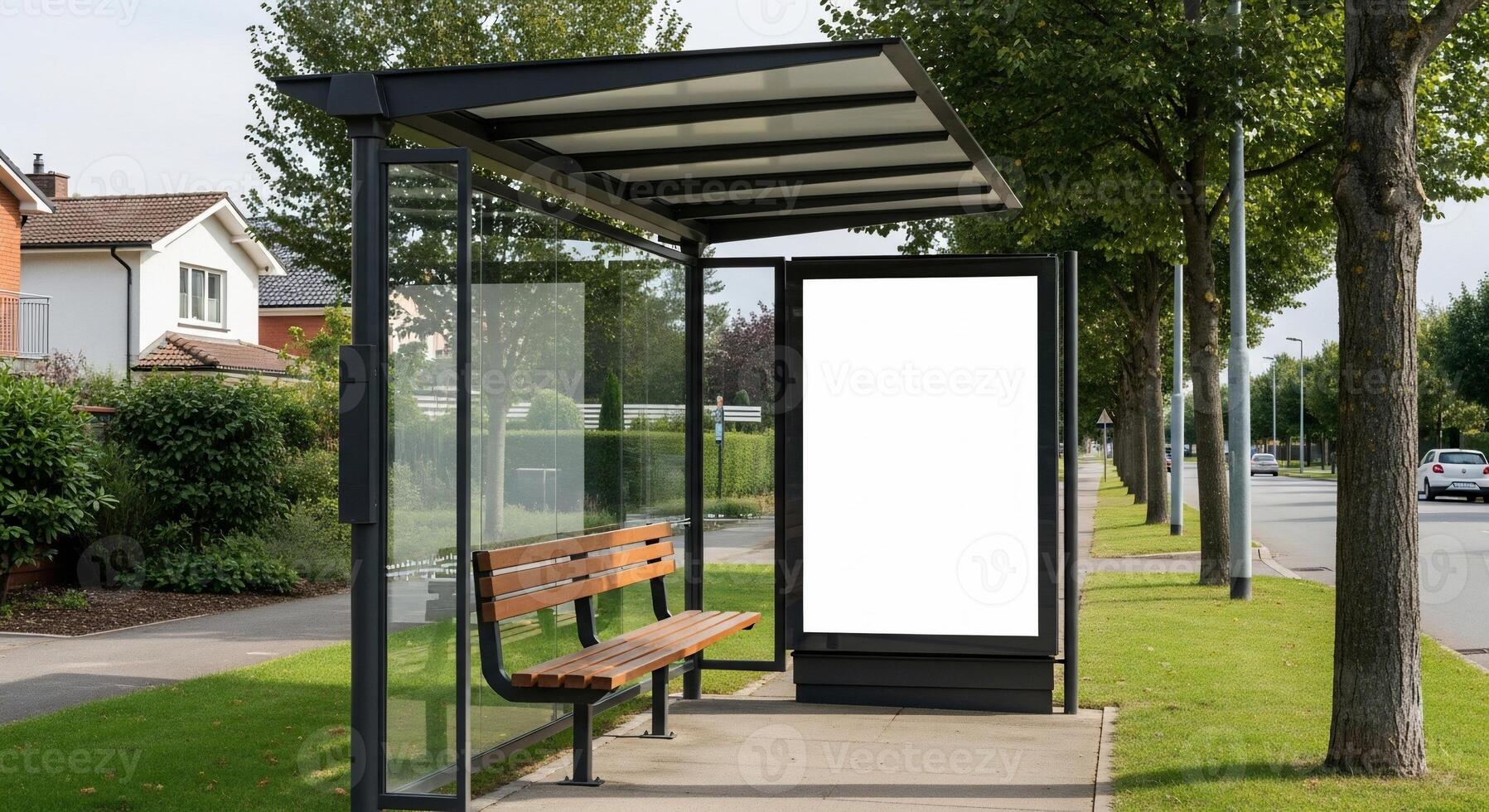Modern Bus Stop with Blank Advertisement Panel and Wooden Bench photo
