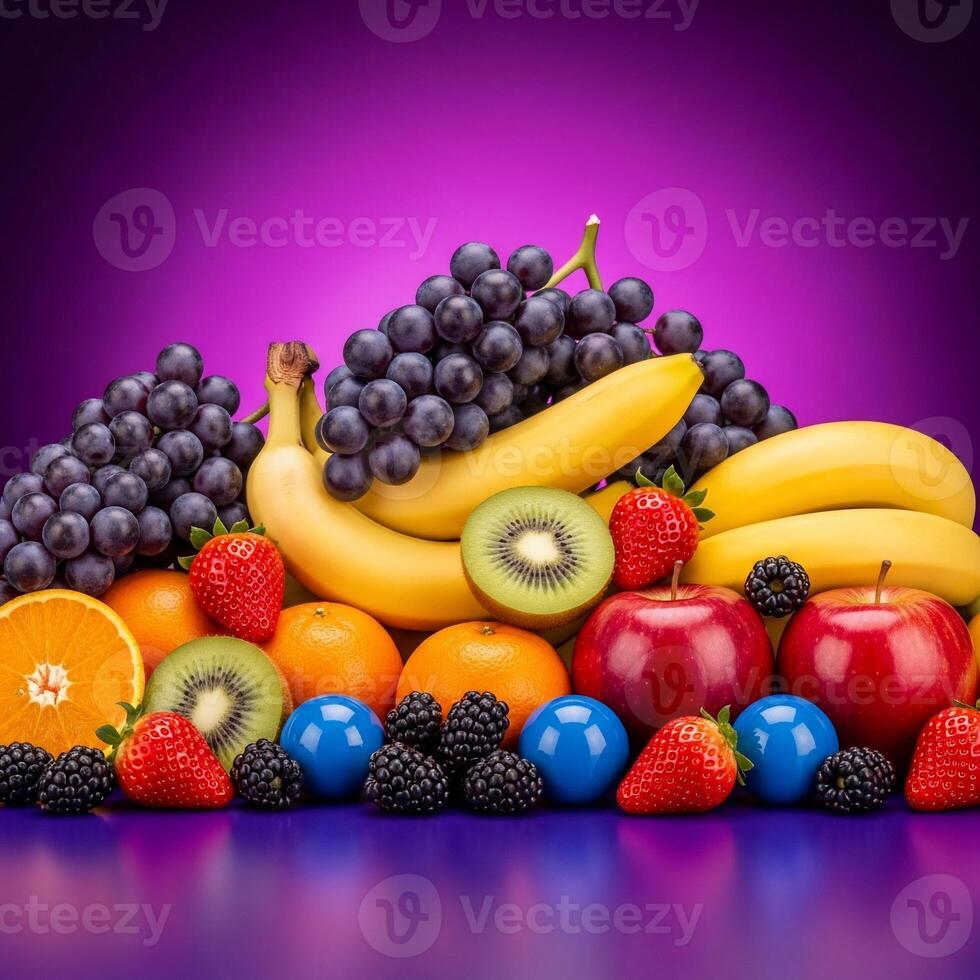 Colorful Fruit Arrangement with Grapes, Bananas, and Berries on Gradient Purple Background photo